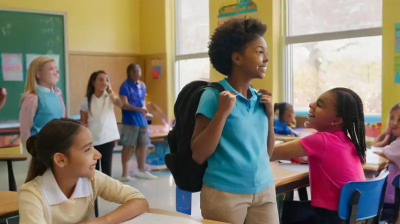 Aula iluminada con niños colaborando alegremente