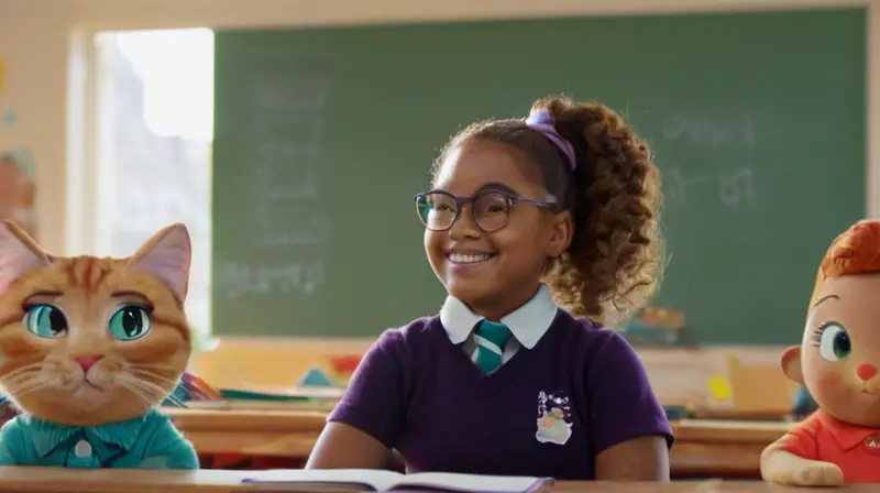 Aula animada y colorida con estudiantes felices