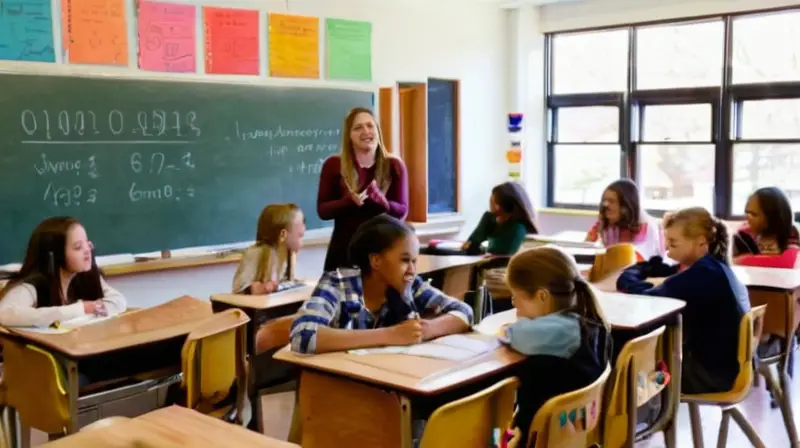 Aula luminosa con estudiantes colaborando activamente