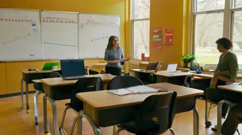 Aula vibrante con estudiantes y gráficos coloridos