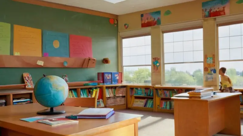 Aula colorida con estudiantes animados y luz