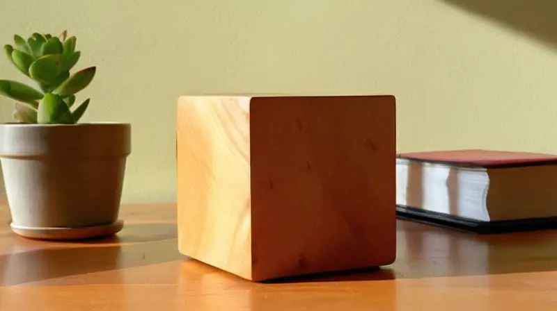 Mesa de madera con cubo y luz natural