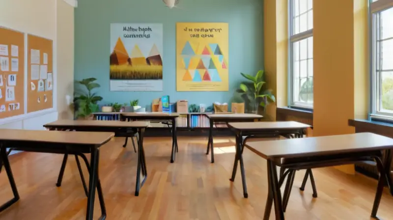 Aula vibrante con luz y triángulos ilustrativos