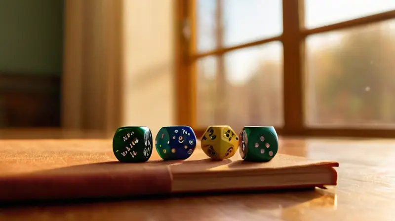 Mesa de madera con dados coloridos y café